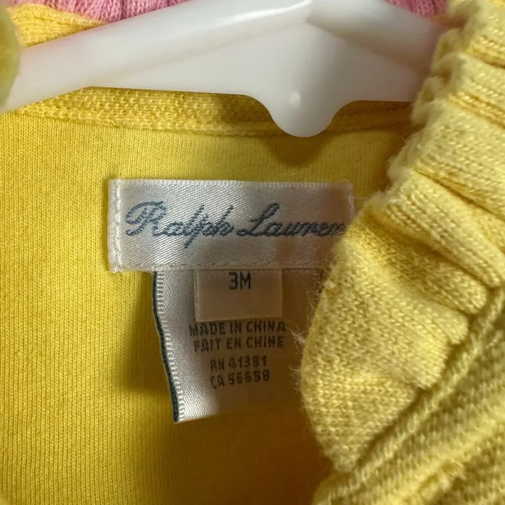 Ralph Lauren Baby Girl 3 Months Yellow Long Sleeve Romper Pink Ruffle Bodysuit